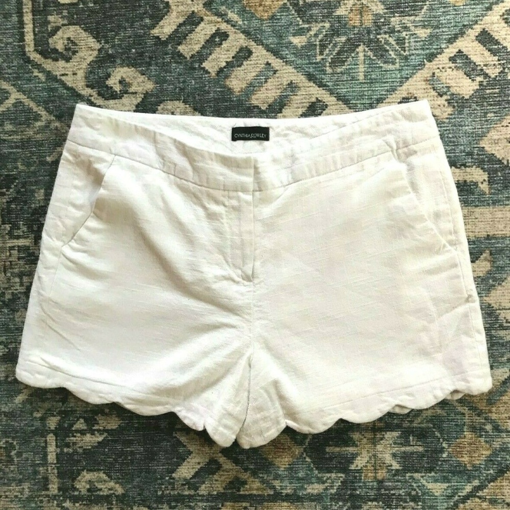 Scalloped White Linen Shorts with Satin Lining